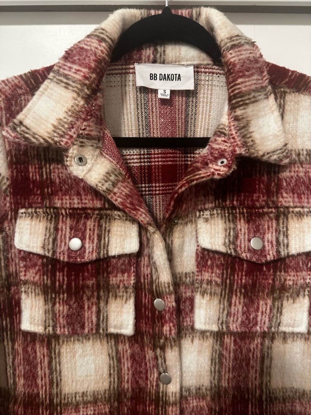 BB Dakota Burgundy & Cream Plaid Shacket size small - Picture 2 of 6